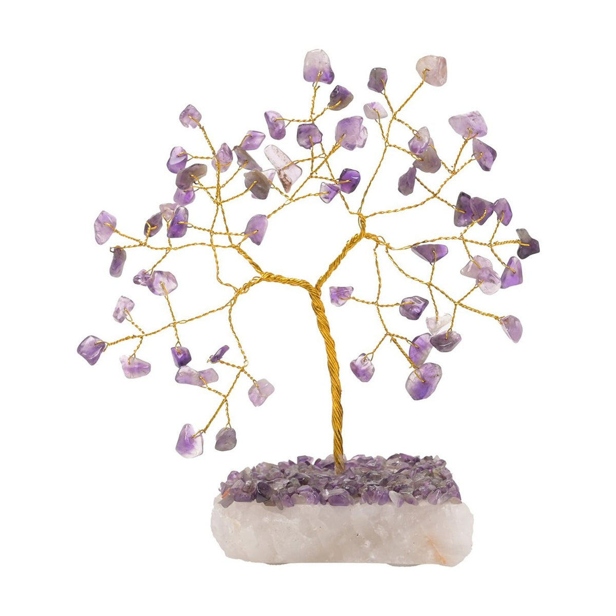 Amethyst gemstone tree ornament with a twisted gold-coloured wire trunk and branches tipped with purple amethyst chips, set on a chunky white crystal base against a plain background.