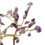 Close-up of the Amethyst Gemstone Tree Ornament, showing twisted gold-coloured wire branches tipped with pale lilac to deep purple amethyst chips against a white background.