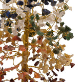 Close-up of the Large Multi-Coloured Gemstone Tree Ornament, with twisted gold wire branches set with rough-cut gemstone chips in blue, clear, green, yellow and orange tones.