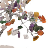 Close-up of the Small Multi-Coloured Gemstone Tree Ornament, showing silver-toned wire branches holding purple, orange, green, yellow and clear gemstone chips, on a white background.