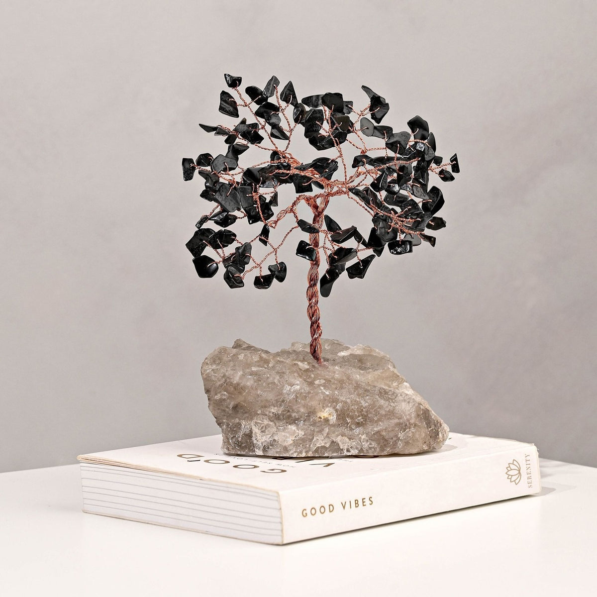 Tourmaline Gemstone Tree Ornament with Grey Base - Black