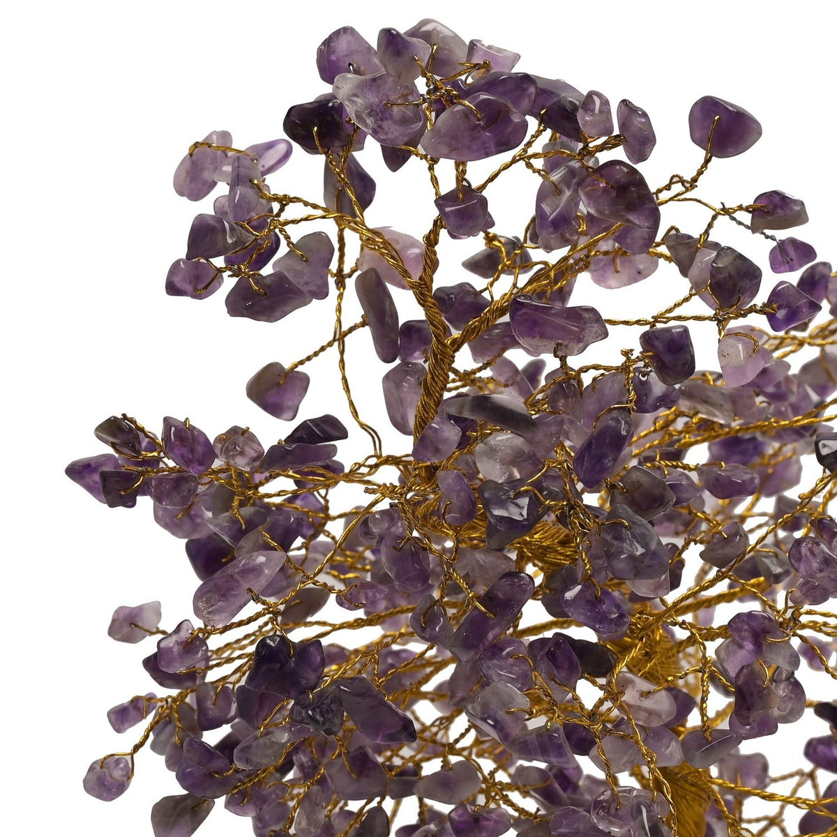 Amethyst Gemstone Tree Ornament with Gold Trunk, close-up of twisted gold wire branches holding clustered purple gemstone chips, shown on a plain white background.