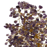 Amethyst Gemstone Tree Ornament with Gold Trunk, close-up of twisted gold wire branches holding clustered purple gemstone chips, shown on a plain white background.