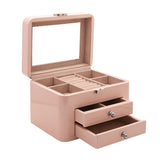Wooden jewellery box in pink gloss with mirrored window lid, open compartment tray with ring roll, and two pull-out drawers with round knobs, shown on a white background.