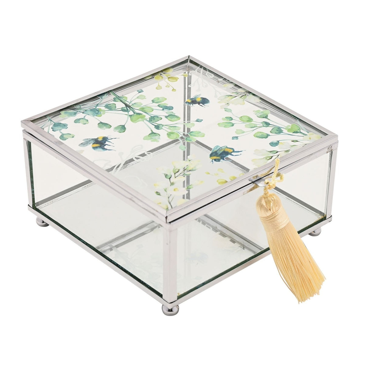 Square Bee Glass Trinket Box with Tassel - Clear & Yellow