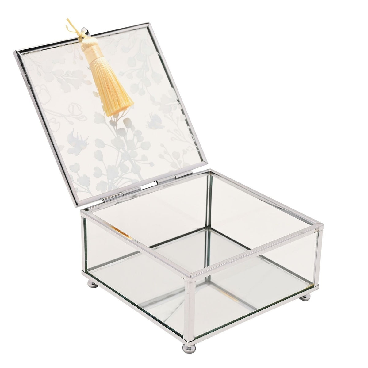 Square Bee Glass Trinket Box with Tassel - Clear & Yellow