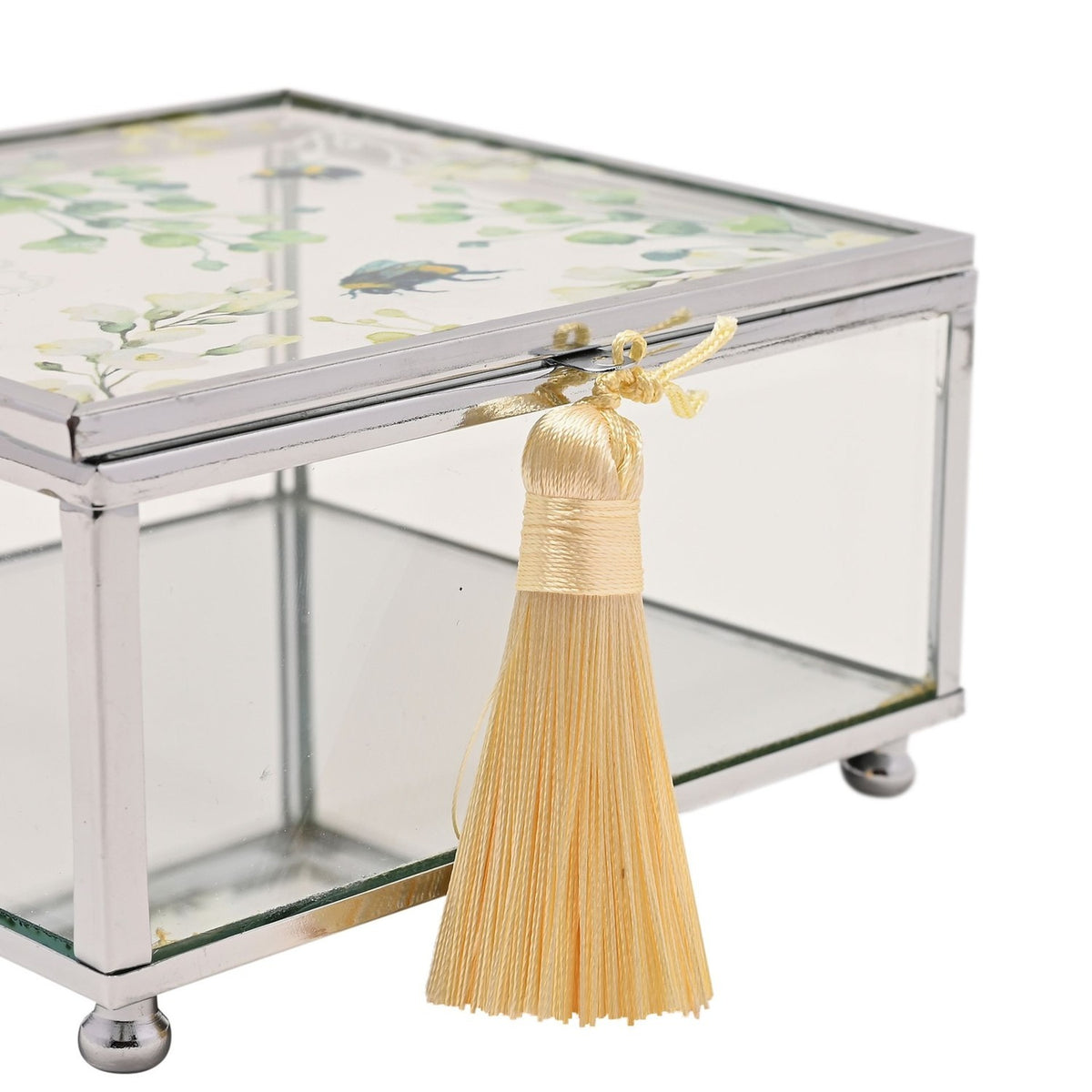 Square Bee Glass Trinket Box with Tassel - Clear & Yellow