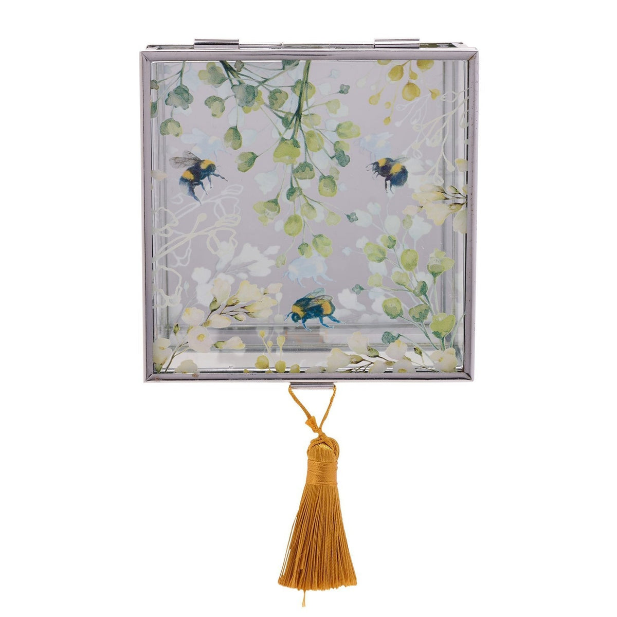 Square Bee Glass Trinket Box with Tassel - Clear & Yellow