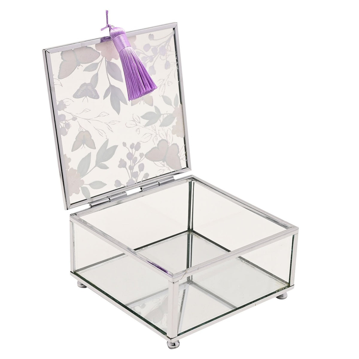 Square glass trinket box with open lid printed with butterflies and floral sprigs, clear mirrored glass walls, silver-tone frame, and a purple tassel, shown on a white background.