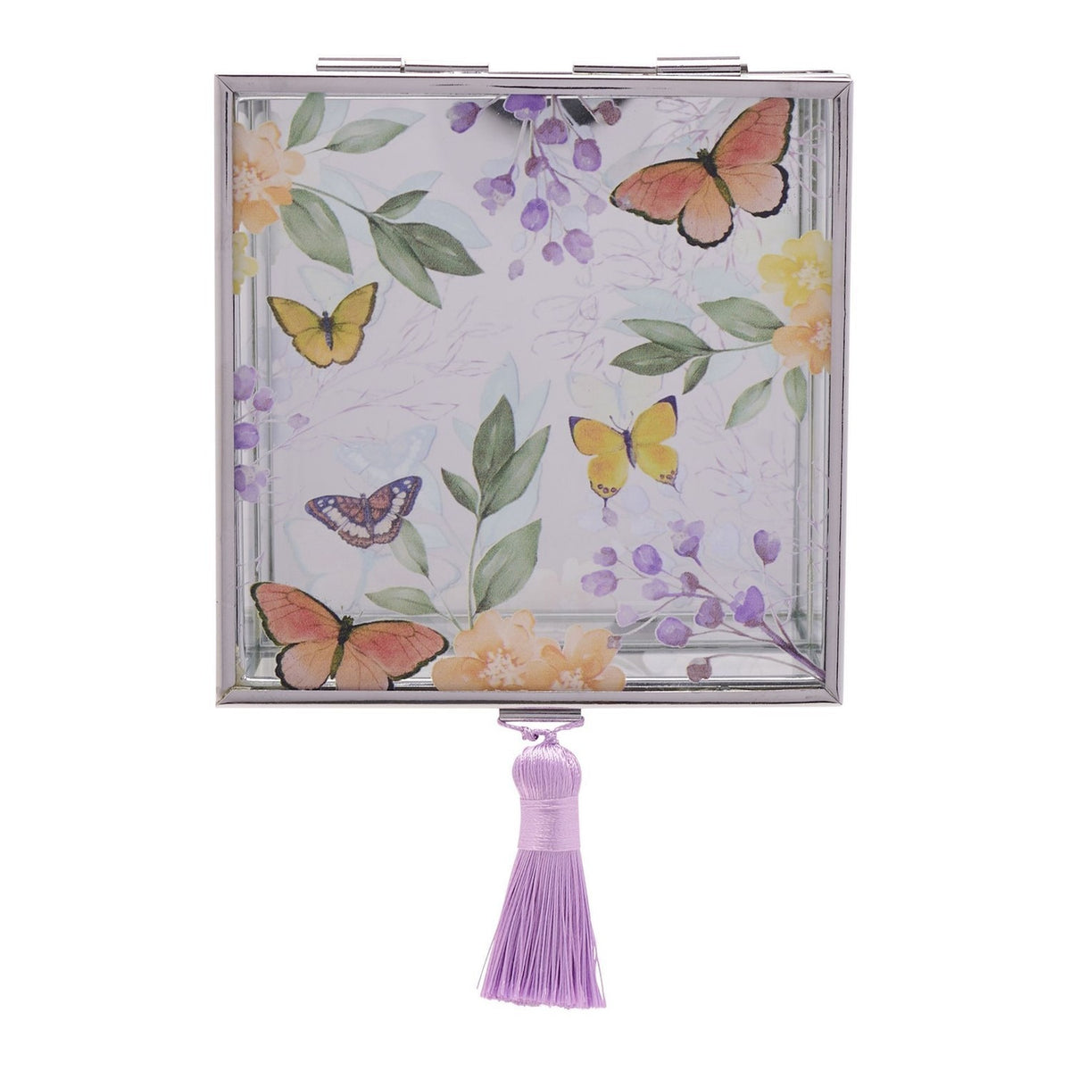 Square glass trinket box with silver-tone frame, lid printed with butterflies, leaves and purple florals, finished with a purple tassel on a plain white background.