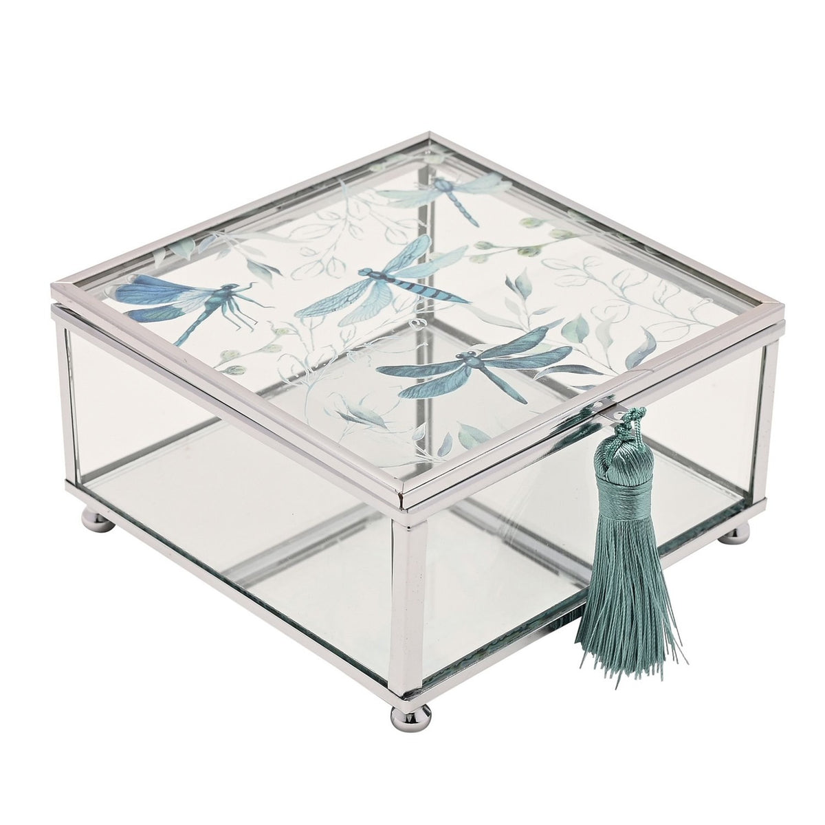 Dragonfly Glass Trinket Box with Tassel - Clear & Green