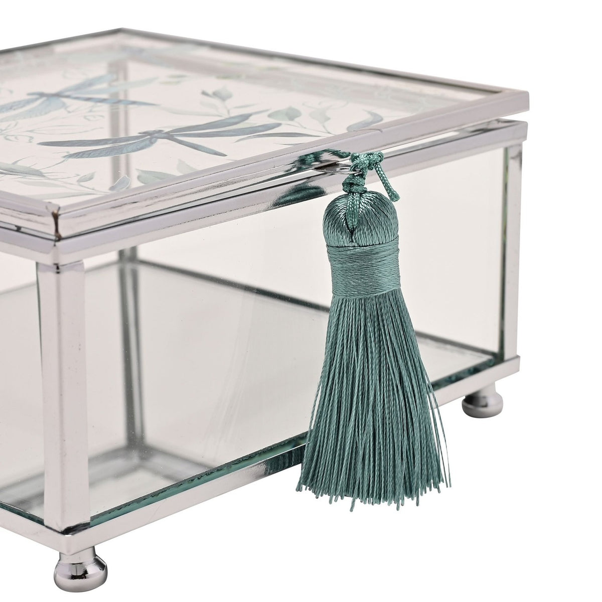 Dragonfly Glass Trinket Box with Tassel - Clear & Green
