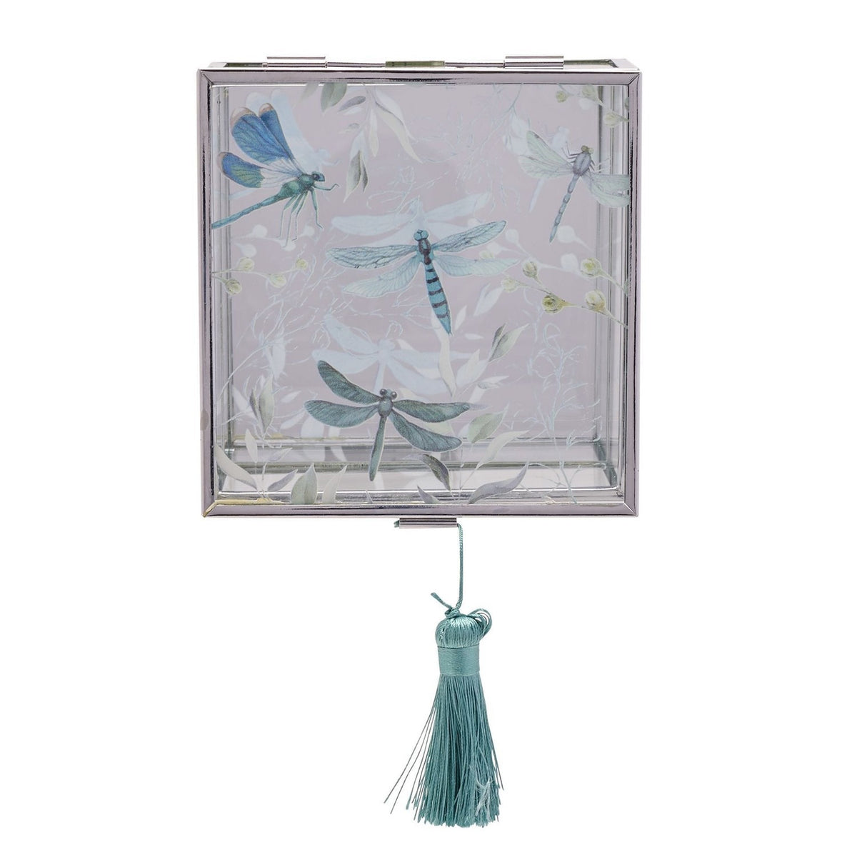 Dragonfly Glass Trinket Box with Tassel - Clear & Green
