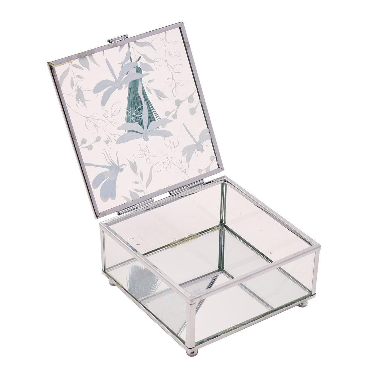 Dragonfly Glass Trinket Box with Tassel - Clear & Green