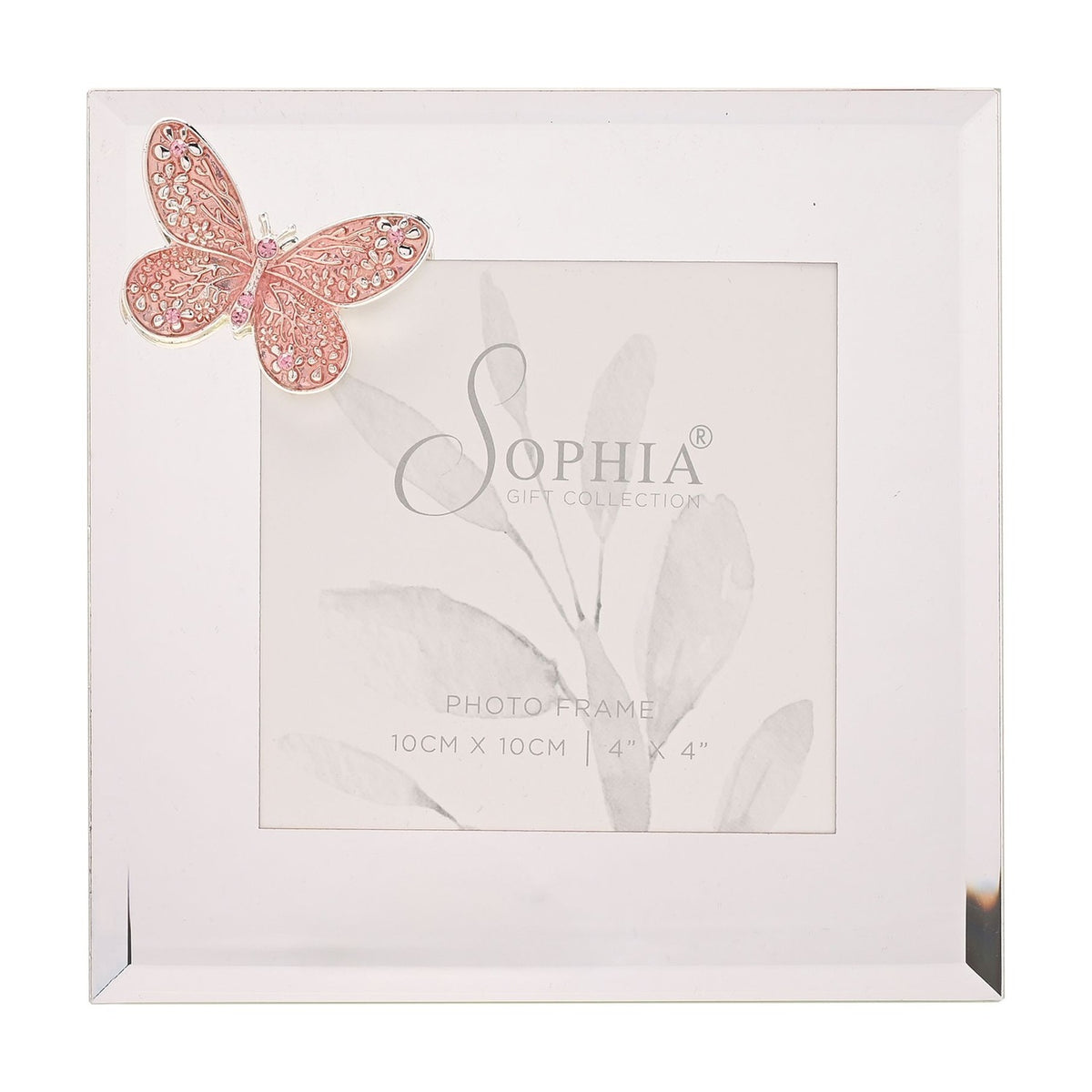 Butterfly Mirror Glass Photo Frame 4 x 4in - Silver & Pink