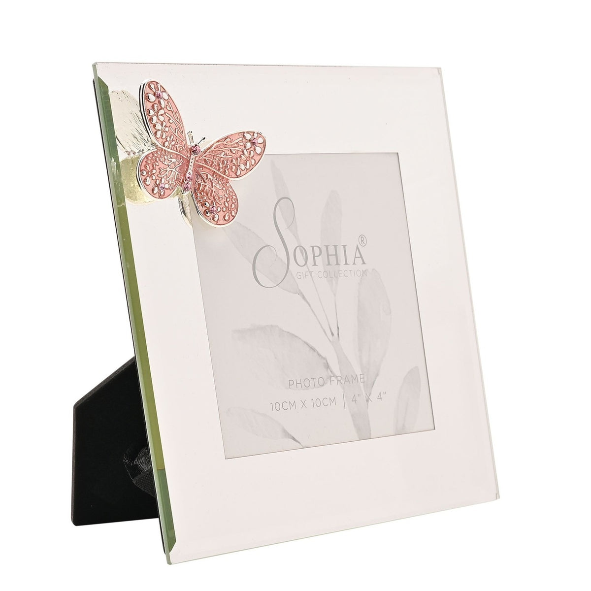 Butterfly Mirror Glass Photo Frame 4 x 4in - Silver & Pink