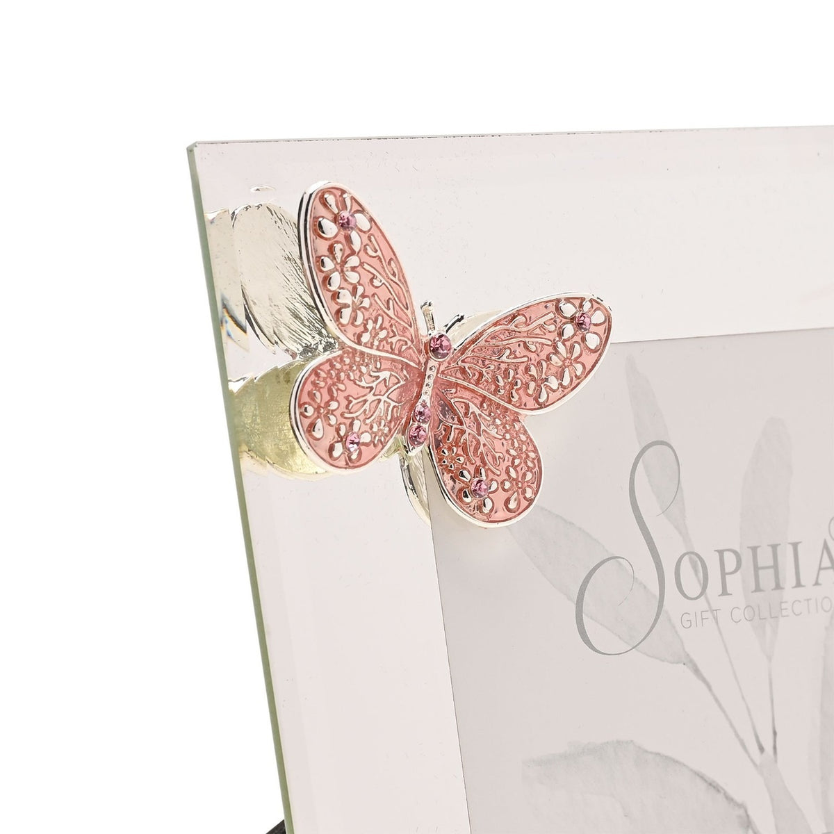 Butterfly Mirror Glass Photo Frame 4 x 4in - Silver & Pink