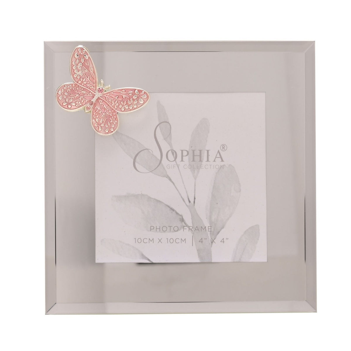 Butterfly Mirror Glass Photo Frame 4 x 4in - Silver & Pink