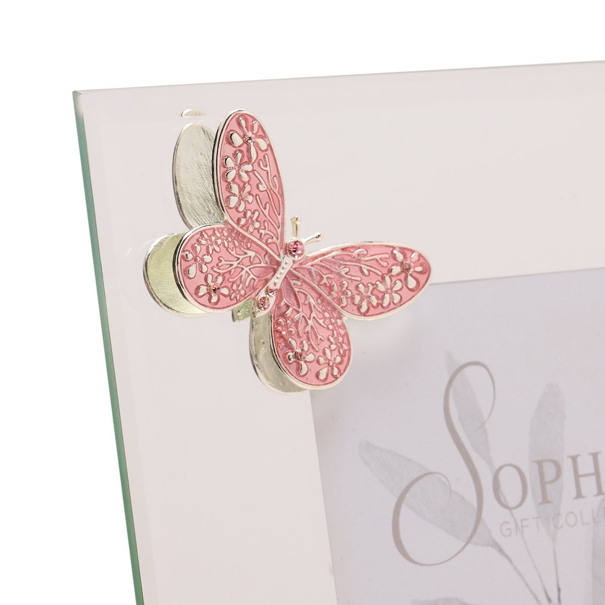 Butterfly Mirror Glass Photo Frame 4 x 4in - Silver & Pink