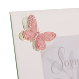 Butterfly Mirror Glass Photo Frame 4 x 4in - Silver & Pink