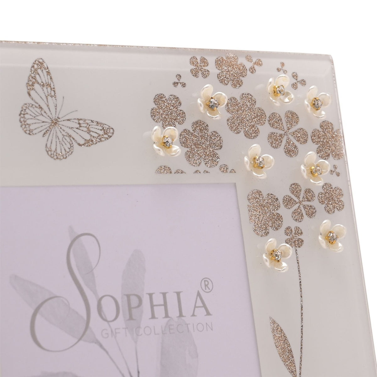 Glitter Butterfly and Flower Photo Frame - White & Gold