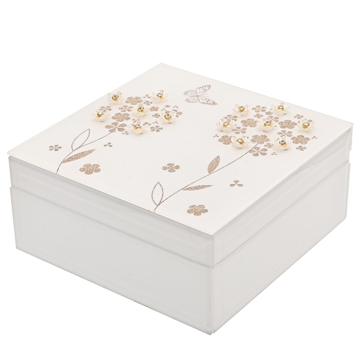Glitter Butterfly and Flower Glass Jewellery Box - White