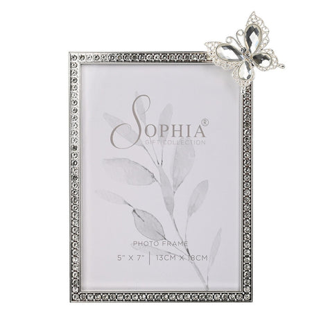 Crystal Metal Photo Frame with Butterfly 7 x 5in - Silver
