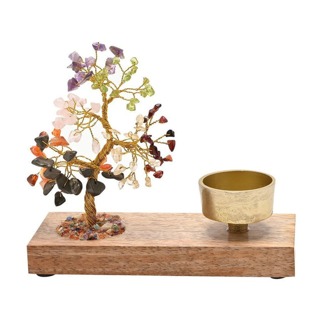 7 Chakras gemstone tree wooden tea light candle holder with brass cup on a rectangular brown wood base, set against a plain white background.