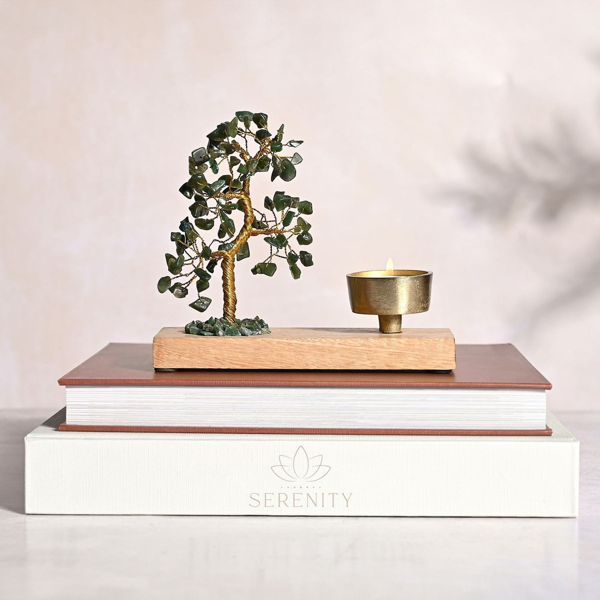 Jade Gemstone Tree Tea Light Candle Holder - Brown & Green