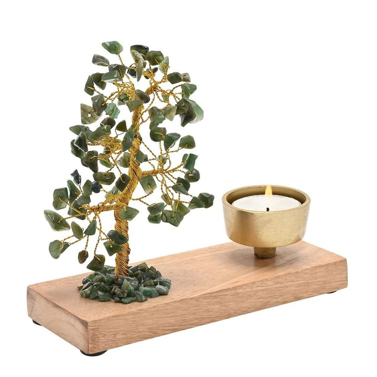 Jade Gemstone Tree Tea Light Candle Holder - Brown & Green