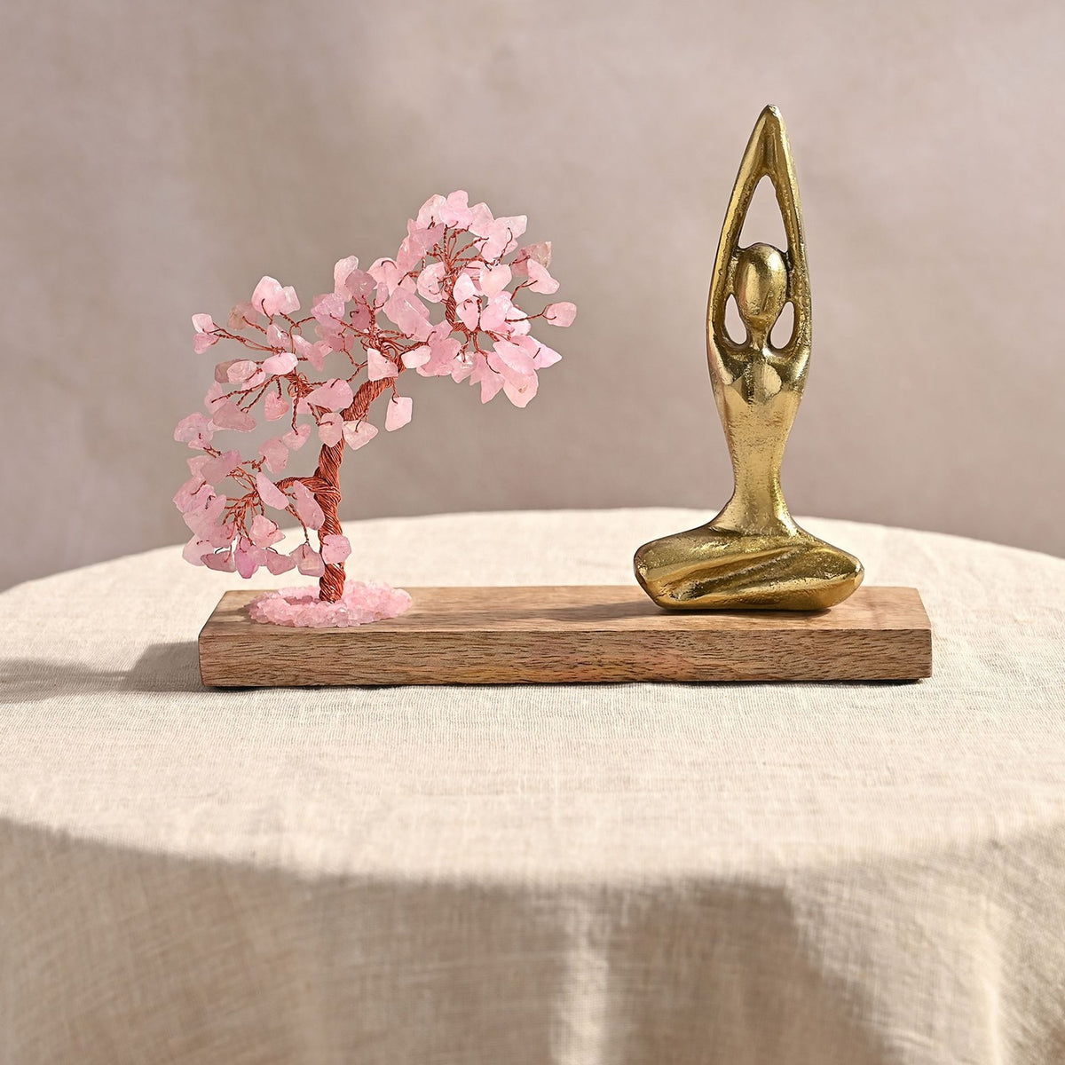Rose Quartz Gemstone Tree Yoga Figurine with Base - Brown