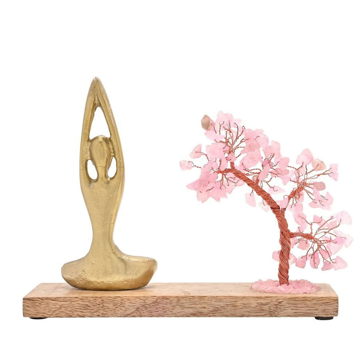 Rose Quartz Gemstone Tree Yoga Figurine with Base - Brown