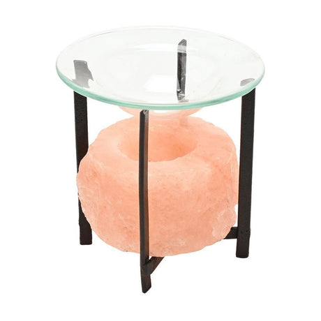 Small Himalayan Salt and Metal Wax Melt Burner in orange, with a rough-hewn salt block on a black metal stand supporting a round, clear glass dish, shown on a white background.
