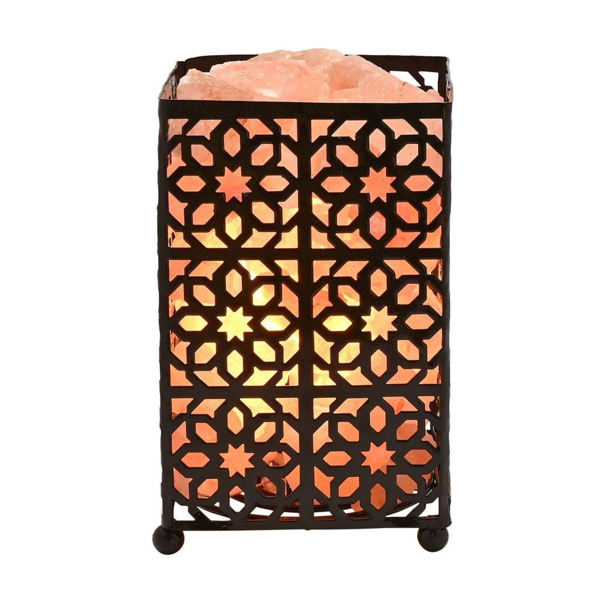 Moroccan style fretwork basket Himalayan salt lamp with black metal rectangular cage, star and petal cut-out pattern, pink salt chunks on top, glowing orange, on a white background.