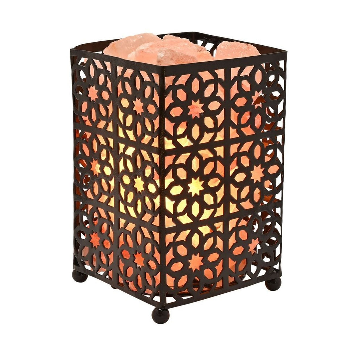 Moroccan style fretwork basket Himalayan salt lamp with a black metal star-patterned casing, glowing orange from lit salt chunks visible at the top, on a plain white background.
