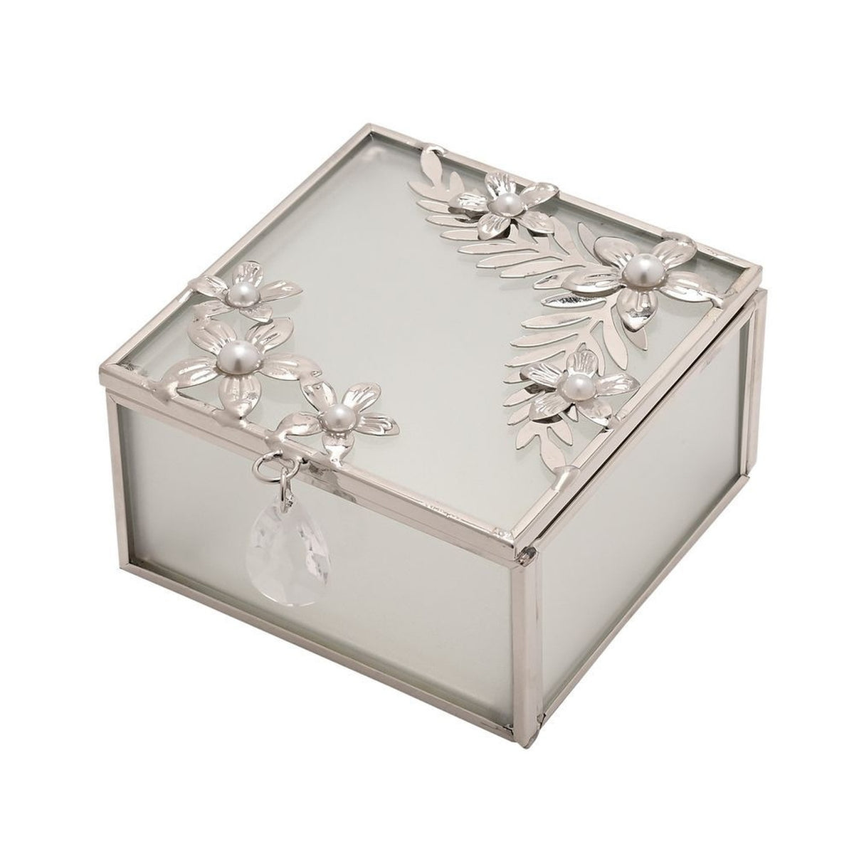 Daisy Square Metal Trinket Box with Hinged Lid - Silver