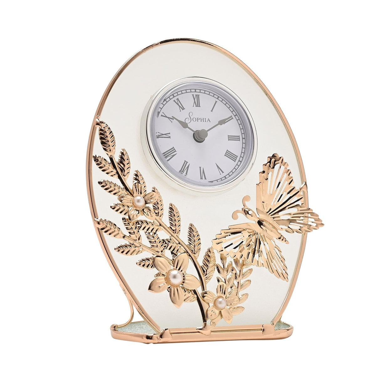 Classic Gold Butterfly and Flower Oval Mantel Clock with white Roman numeral dial, gold leaf and flower detailing with pearl centres, set on a gold base against a plain white background.