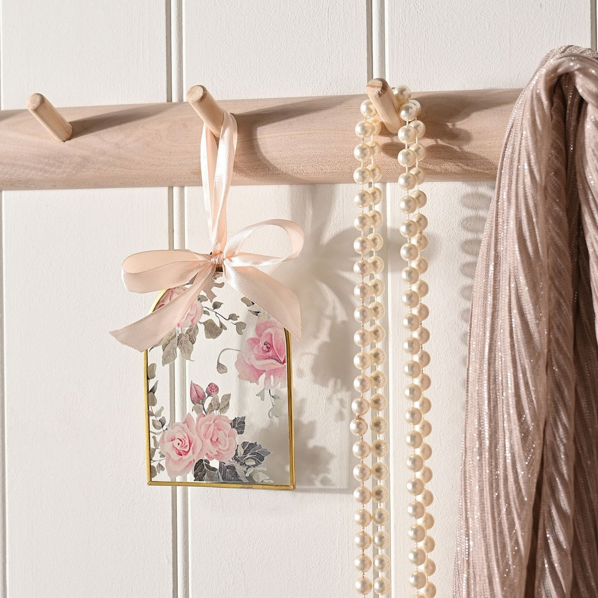 Arched Classic Floral Glass Ornament with Ribbon - Pink