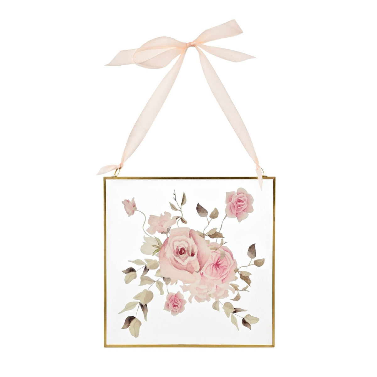 Square Classic Floral Glass Ornament with Ribbon - Clear