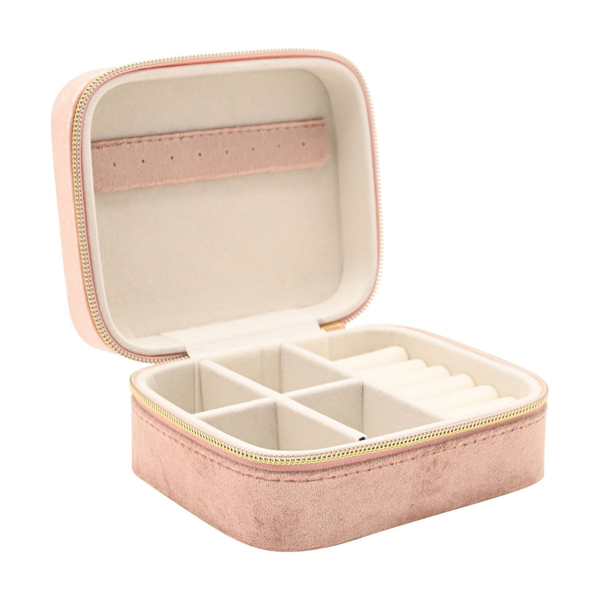 Classic Rectangular Velvet Jewellery Box in pink, open to show a cream interior with a ring strip, compartments, and a roll section, closed with a gold-tone zip, on a white background.