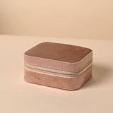 Classic Rectangular Velvet Jewellery Box in pink with gold-tone zip and round zip pull, set against a plain neutral background.