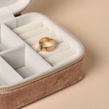 Classic Rectangular Velvet Jewellery Box in pink, open to show a cream lining with a padded ring roll and compartments, gold-tone zip, and a gold ring displayed inside.