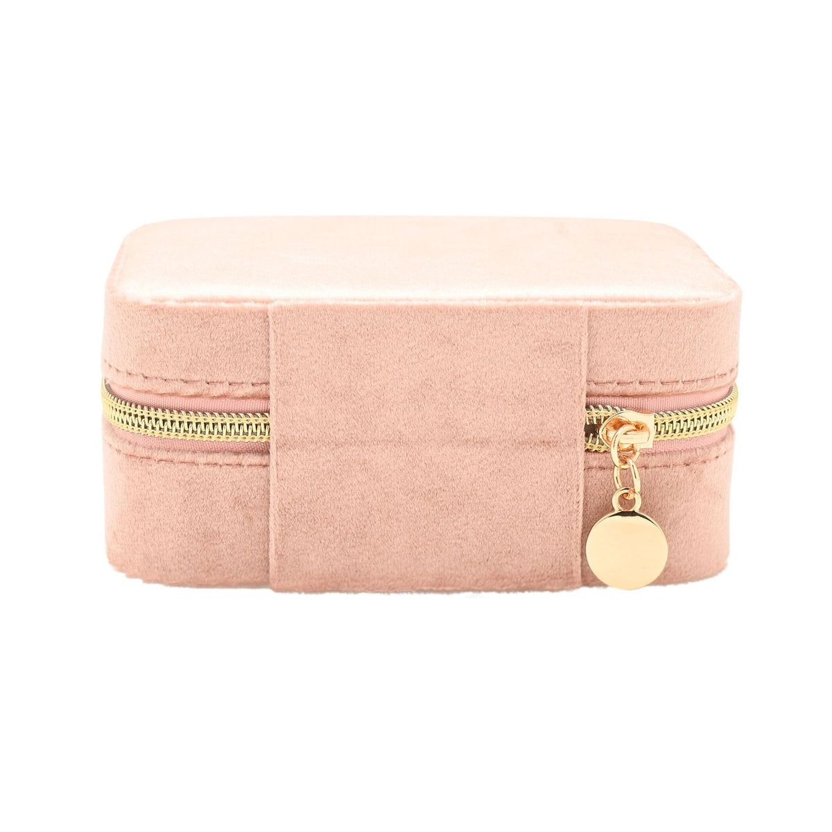 Rectangular pink velvet jewellery box with a gold-tone zip and round zip pull charm, shown closed on a plain white background.