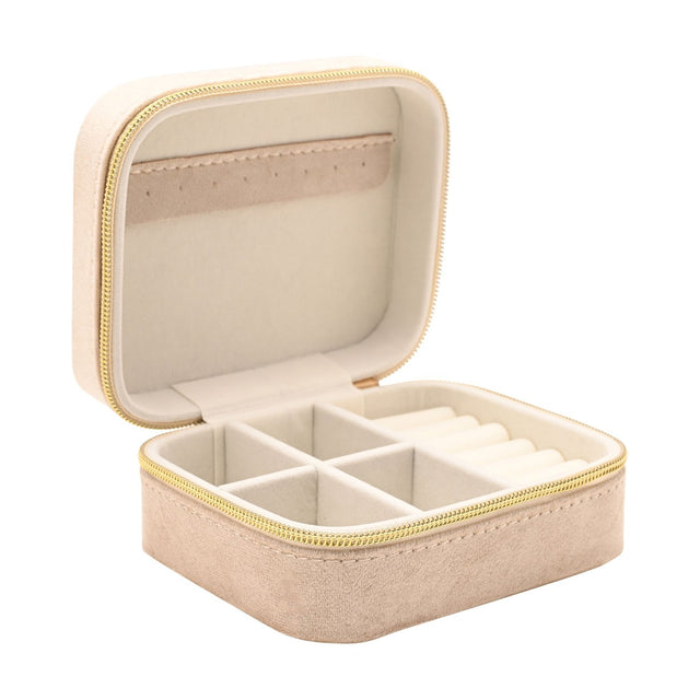 Rectangular zip velvet jewellery box in brown, open to show a cream-lined interior with compartments, ring rolls, and a mirror, set against a white background.