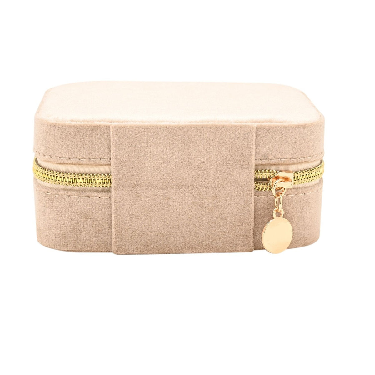 Rectangular brown velvet jewellery box with gold-tone zip and round pull tag, shown closed on a plain white background.