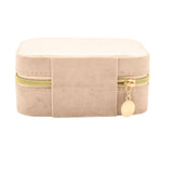 Rectangular brown velvet jewellery box with gold-tone zip and round pull tag, shown closed on a plain white background.