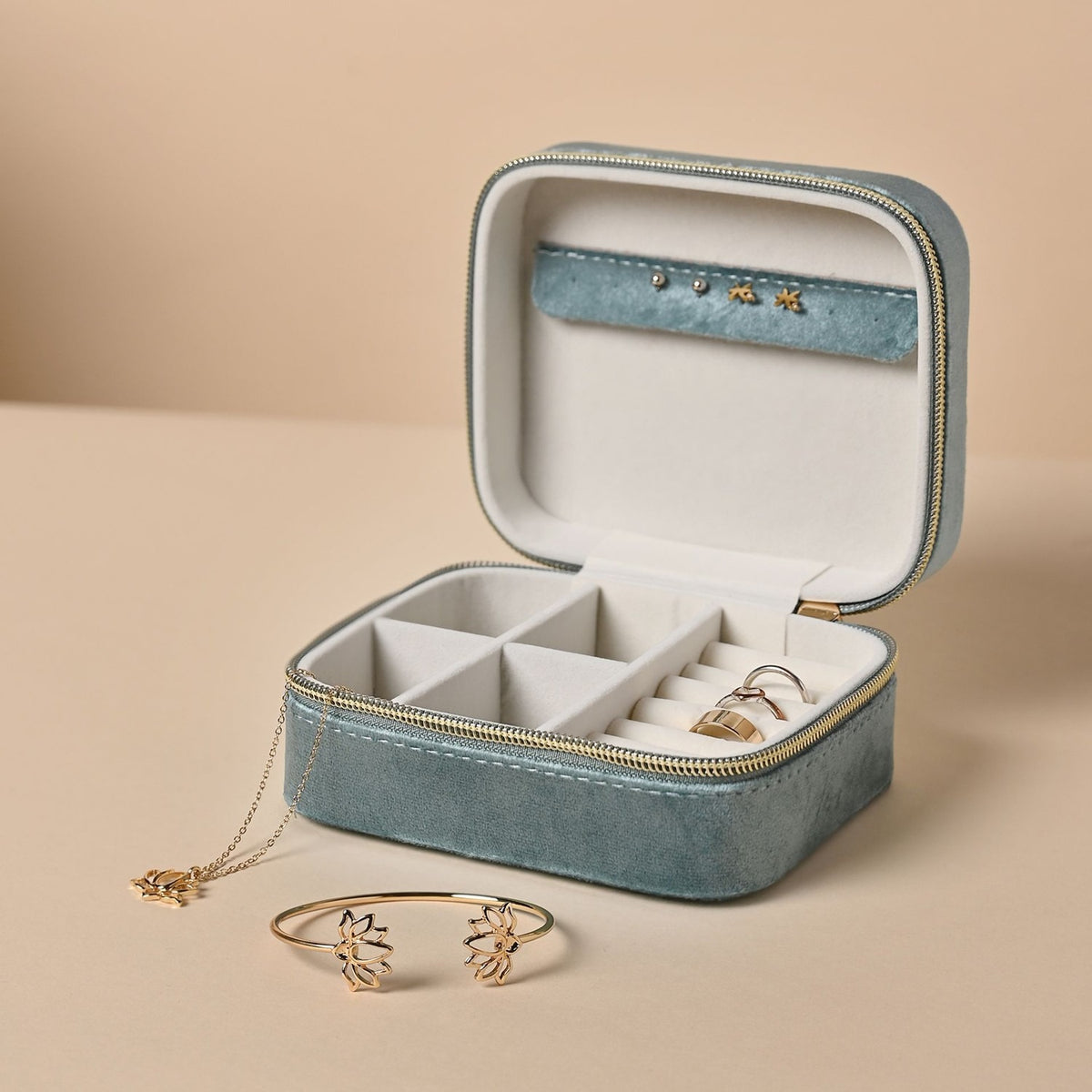 Classic Velvet Jewellery Box with Zip and Ring Rolls - Blue