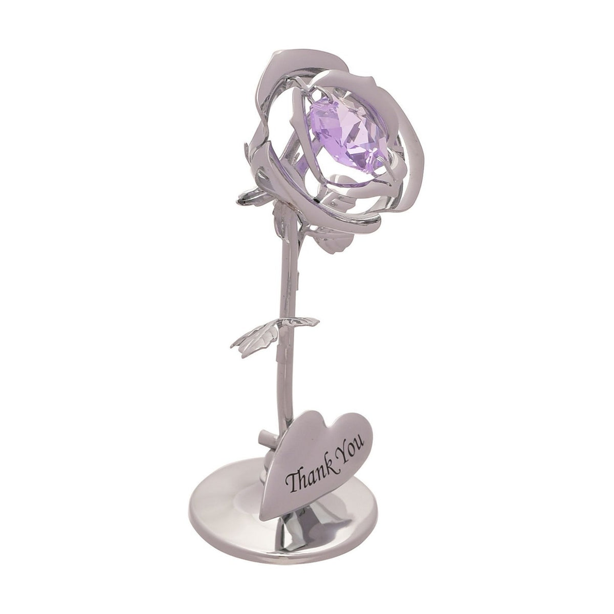 Silver metal rose figurine with faceted lilac crystal centre, veined leaves, and a heart-shaped plaque engraved "Thank You" on a round base, shown on a plain white background.