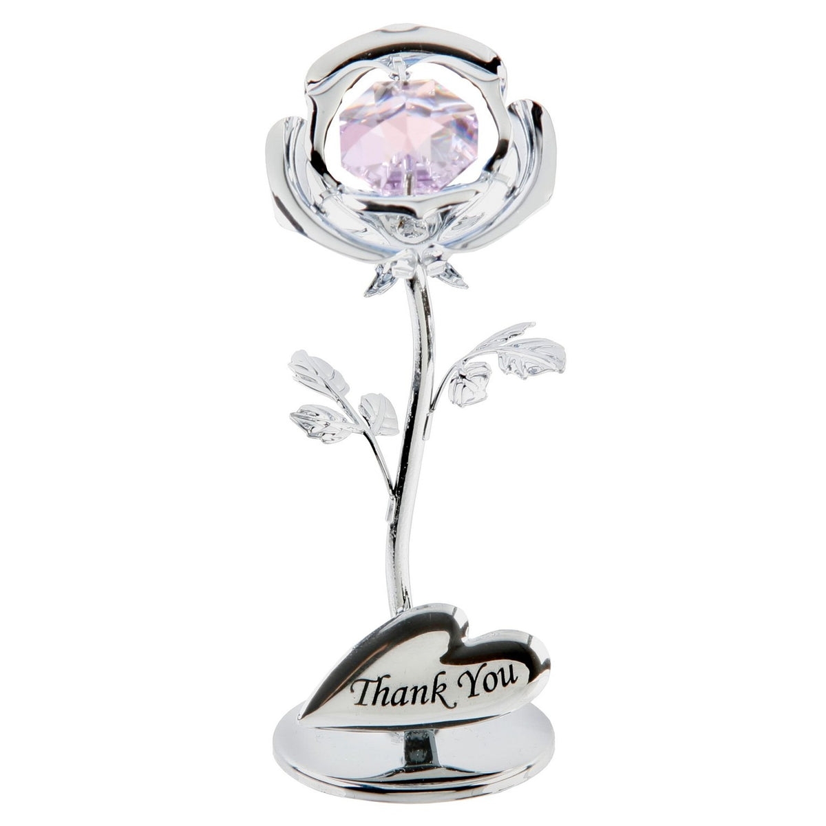 Silver metal rose figurine with faceted lilac crystal centre, veined leaves, and a heart-shaped base plaque engraved "Thank You", on a plain white background.