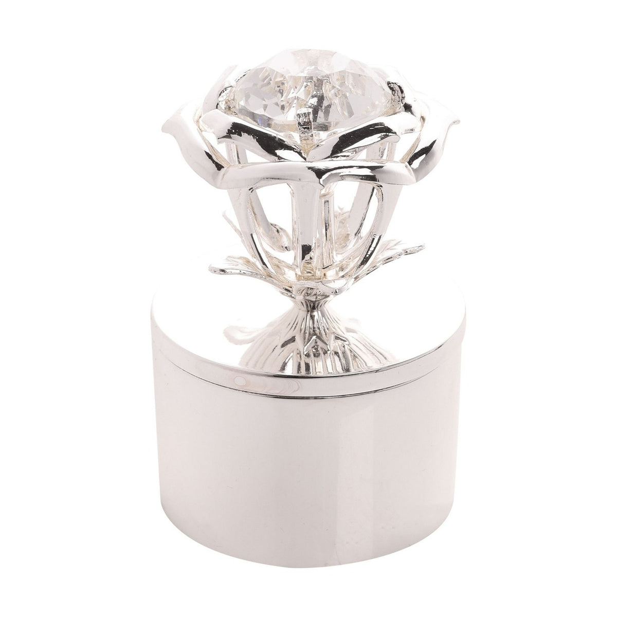 Round silver-coloured metal jewellery box with a plain polished base, topped by an open rose design holding a clear faceted jewel centre, shown on a white background.
